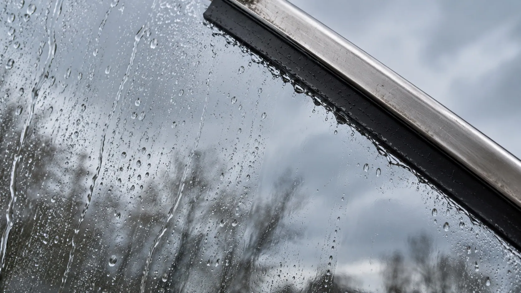 Squeegee edge moving through water beads on exterior glass