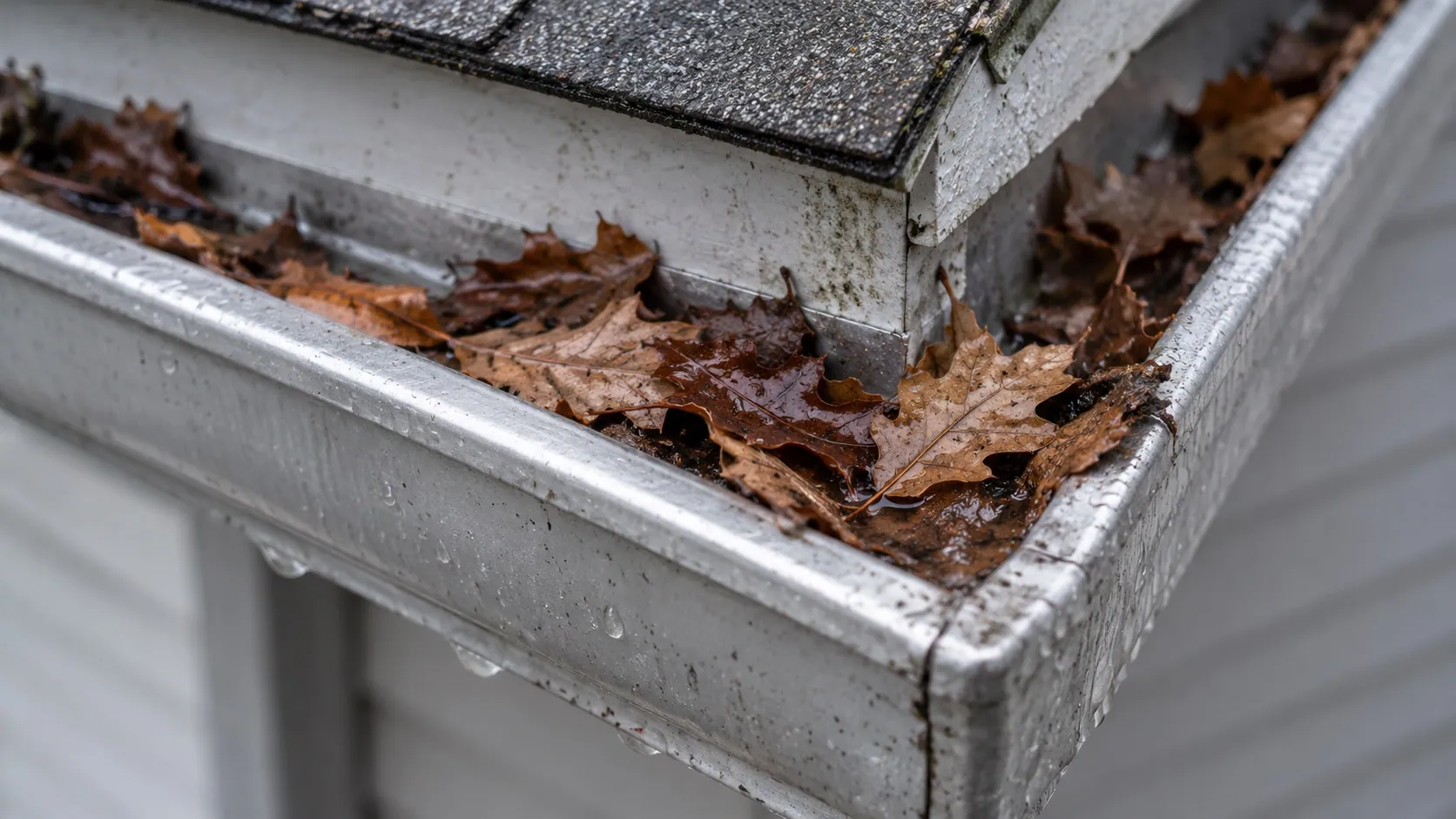 Wet leaves gathered in an aluminum rain gutter