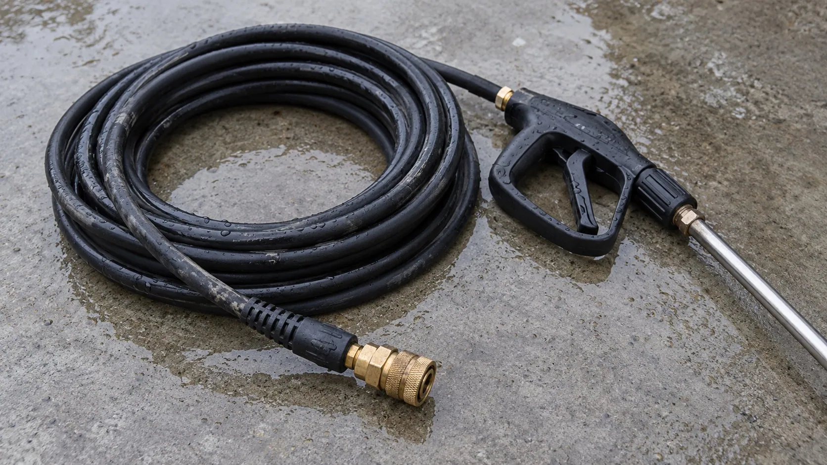 Coiled black pressure washer hose, brass connector, and trigger gun