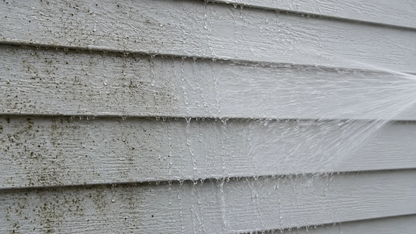 Water rinsing horizontal gray siding in close-up