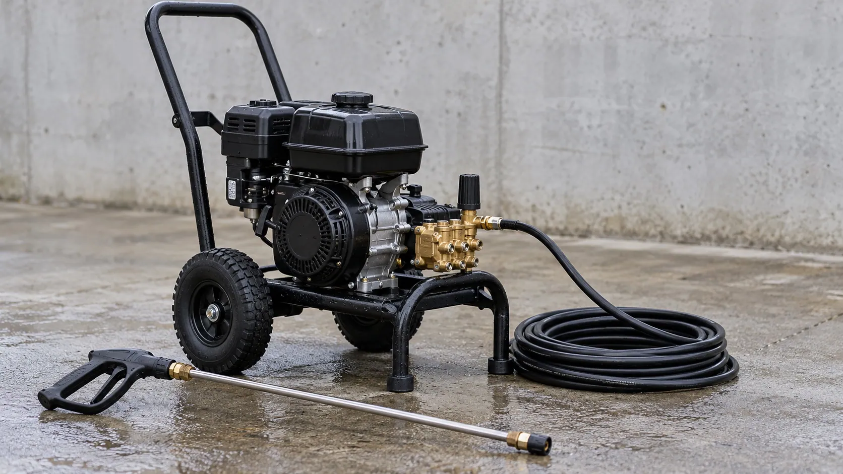 Black framed pressure washer, brass pump, hose, and steel lance on damp concrete