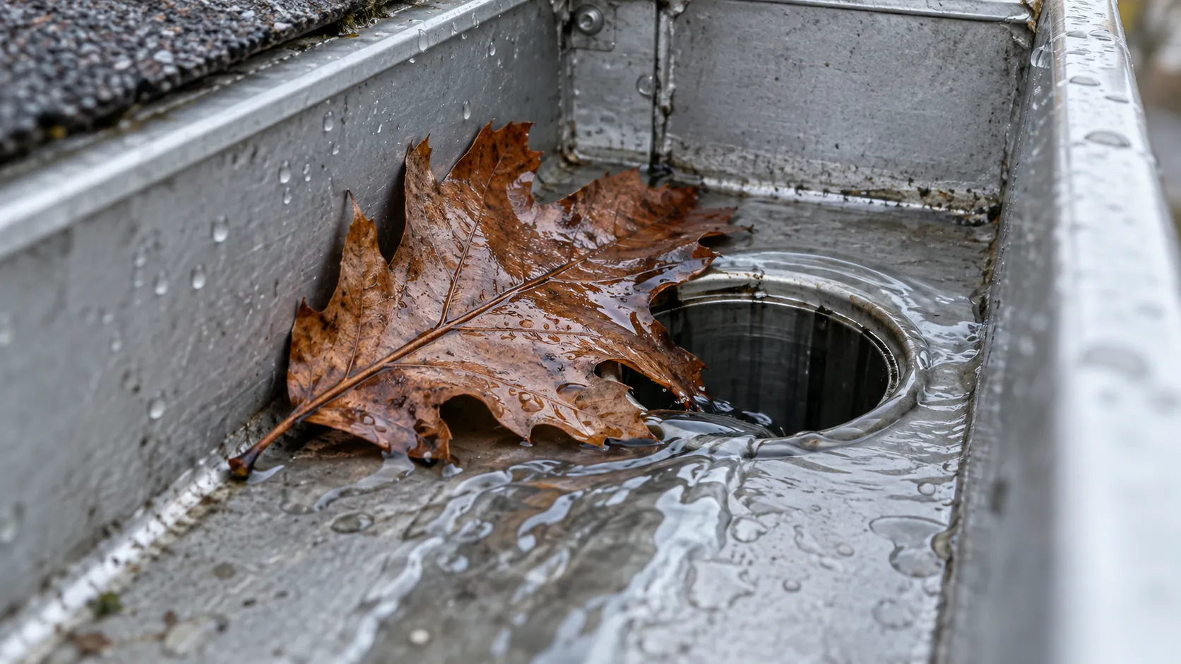 A wet autumn leaf beside an aluminum gutter outlet with shallow flowing water