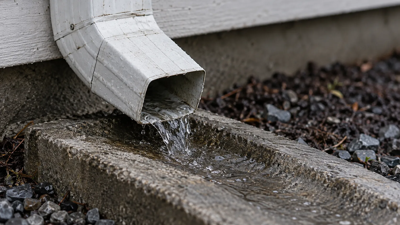 Rainwater flowing from a weathered pale downspout elbow onto a gray concrete splash block