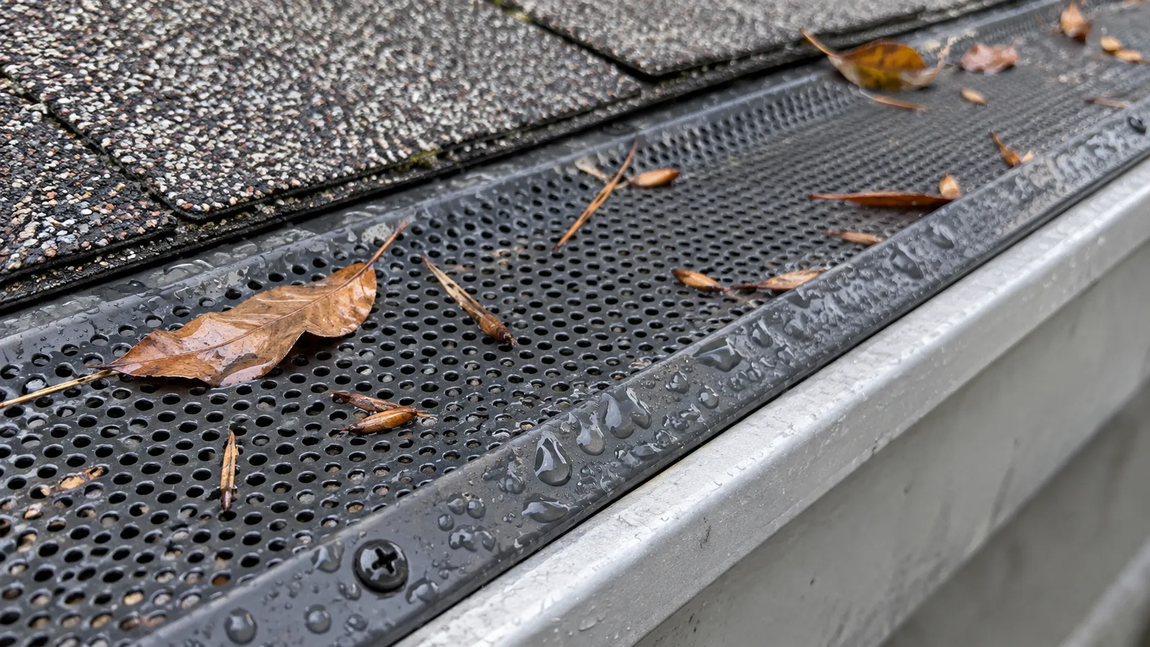 Wet leaves and pine seeds resting on a perforated dark metal gutter guard below a roof edge