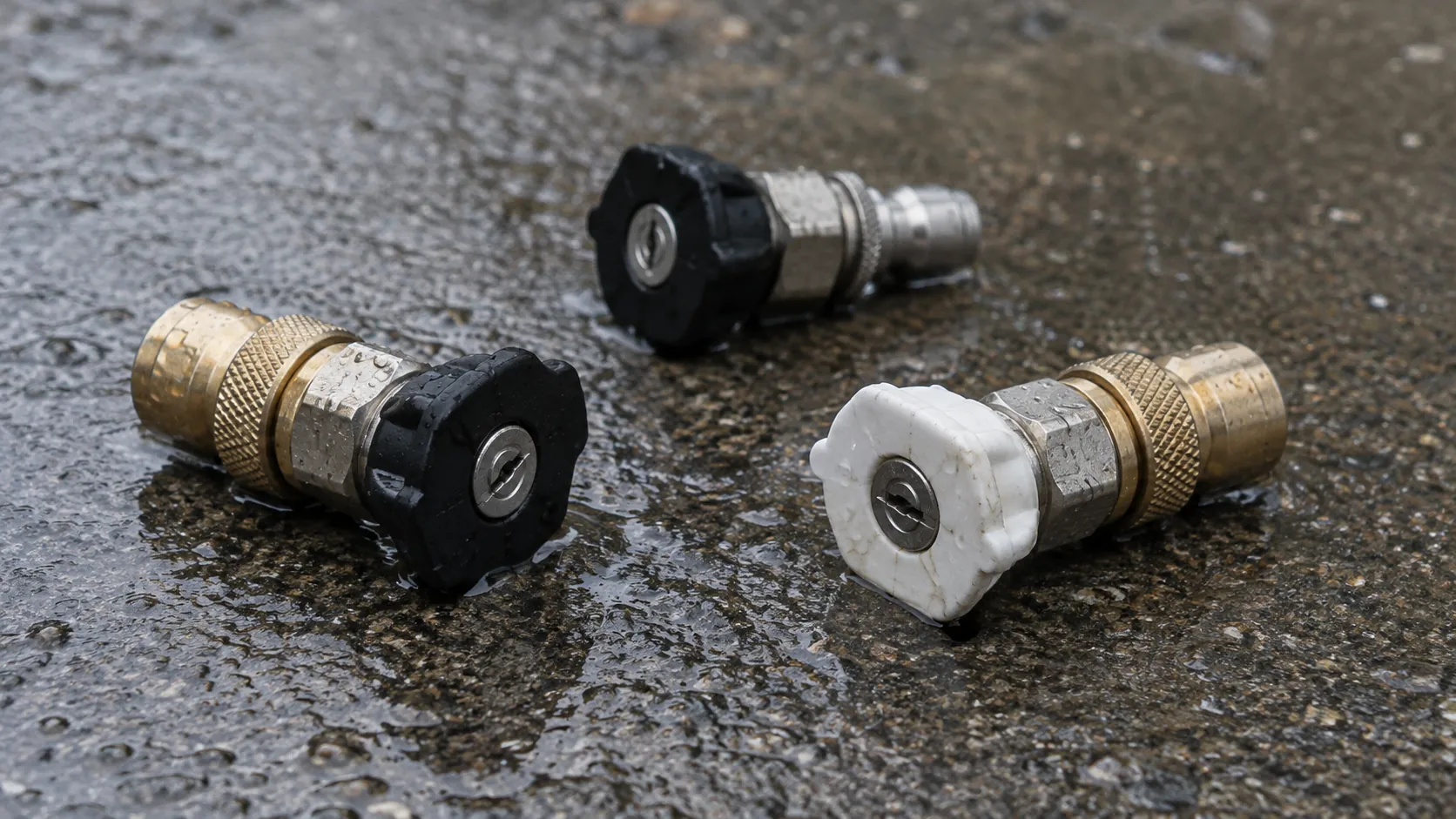 Three black and white pressure-washer spray tips resting on damp gray concrete