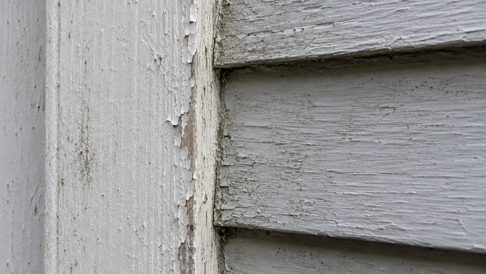 Fine peeling paint and dirt along weathered off-white exterior wood trim beside gray siding