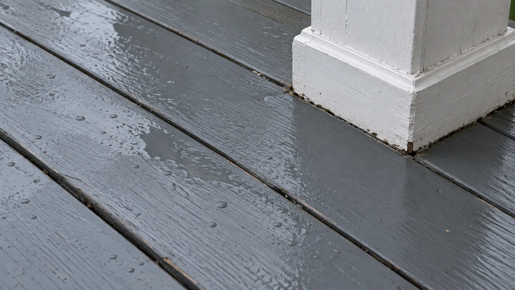 Damp gray painted porch floorboards surrounding the white base of a porch post