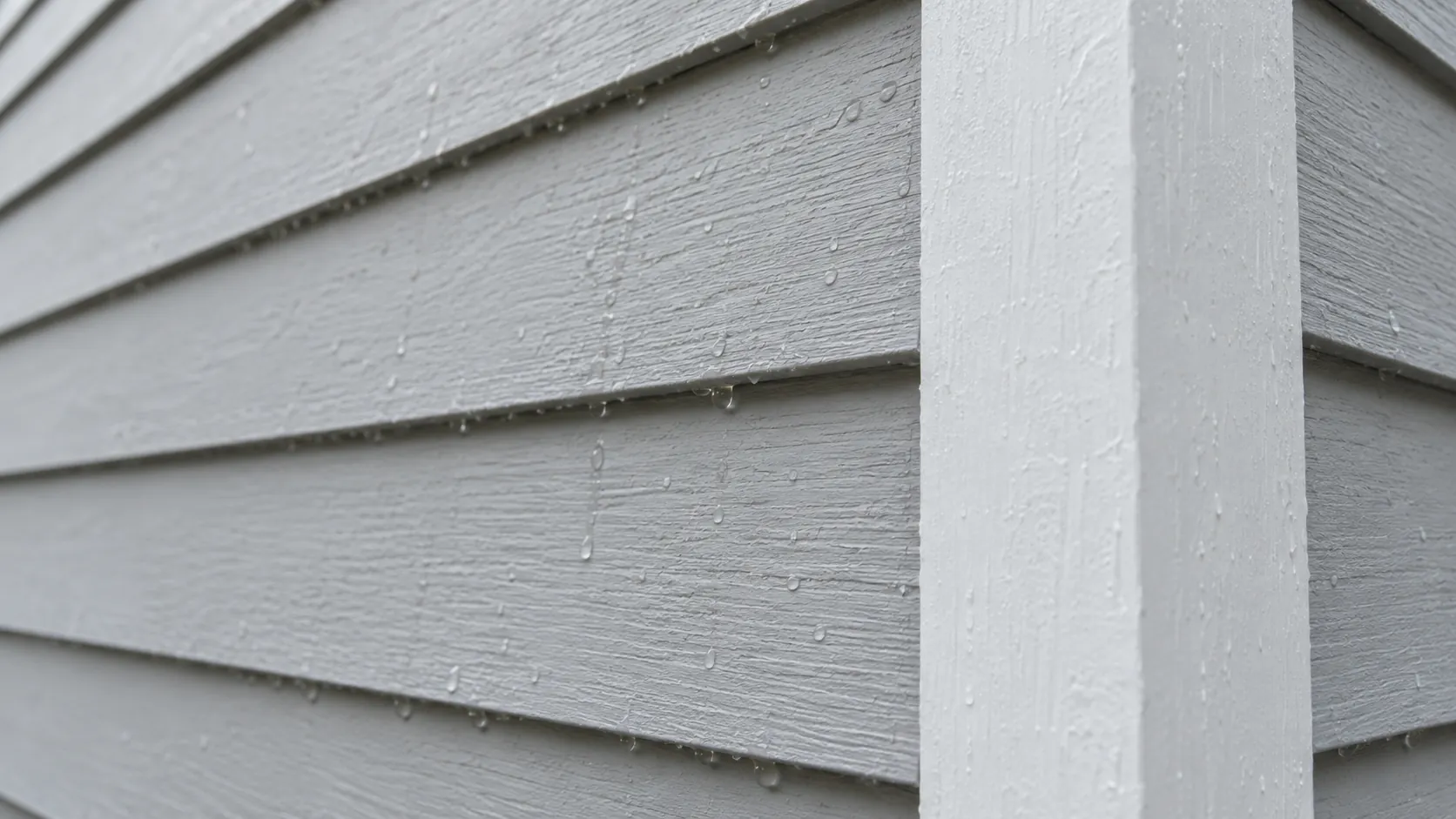 Water droplets on pale gray lap siding where it meets white corner trim