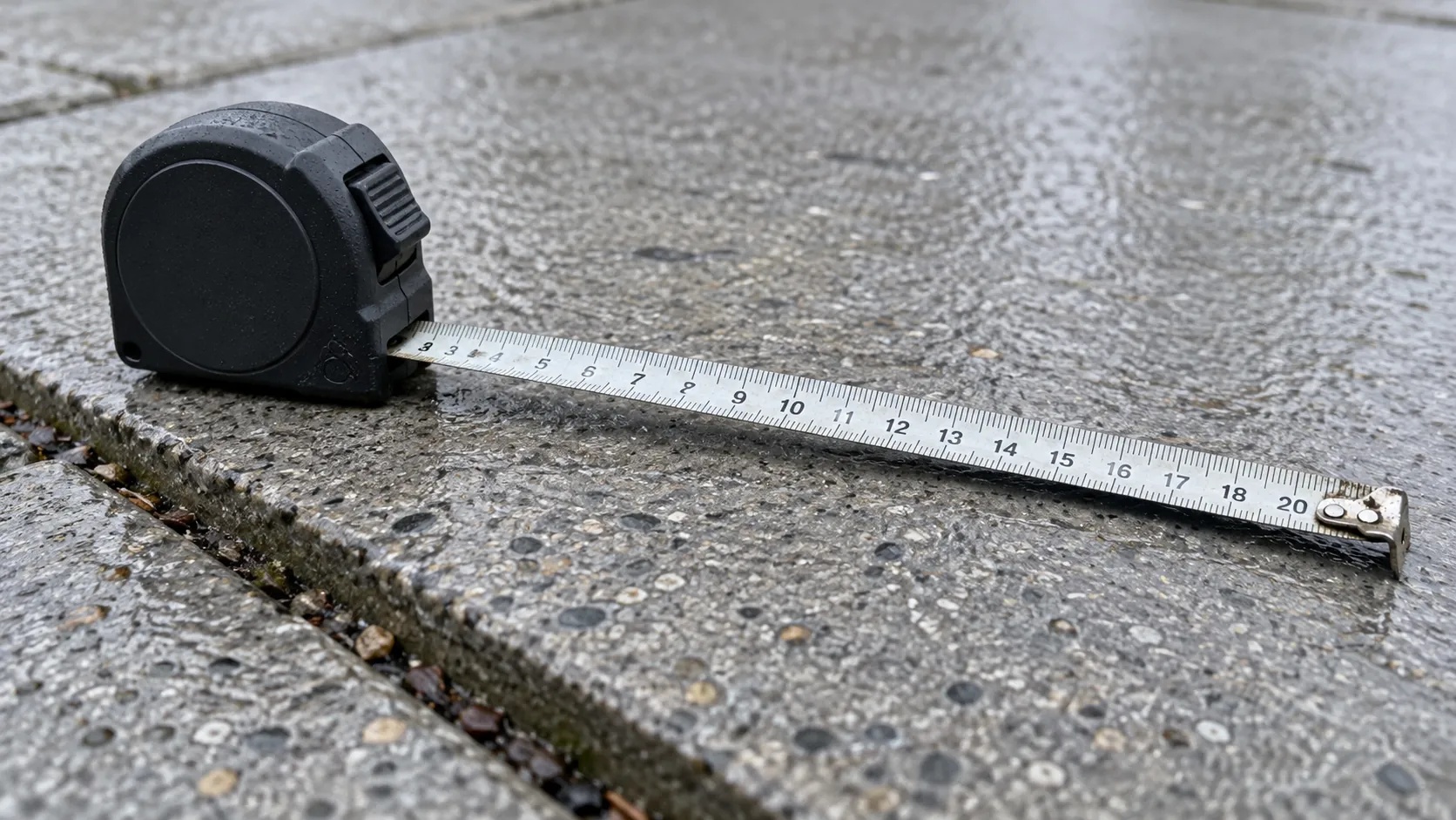 A charcoal measuring tape extended across the edge of damp concrete paving