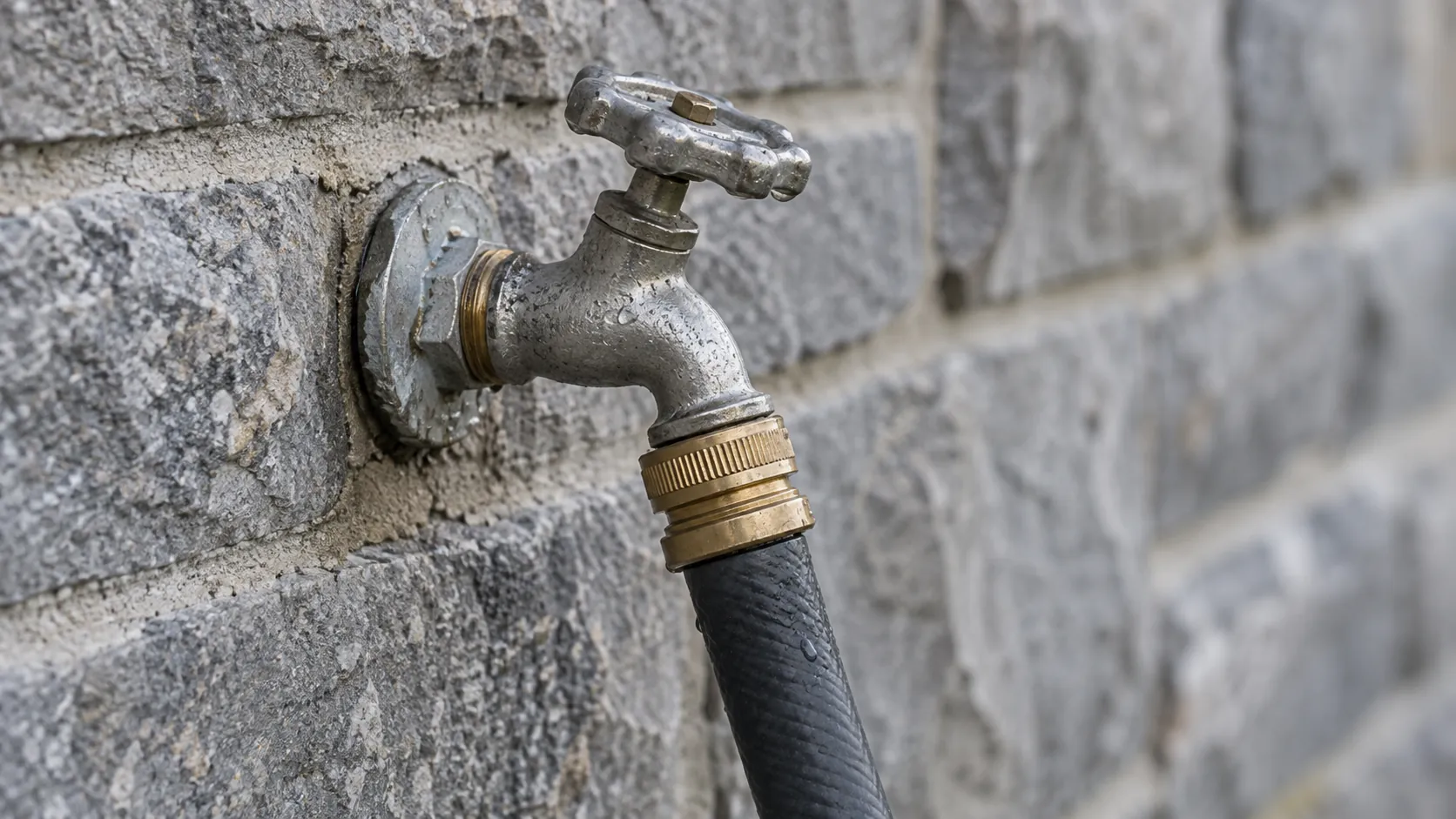 Weathered outdoor metal faucet connected to a dark hose against gray masonry