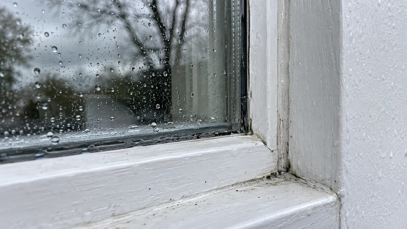 Water beads on exterior window glass beside a weathered white painted frame and sill